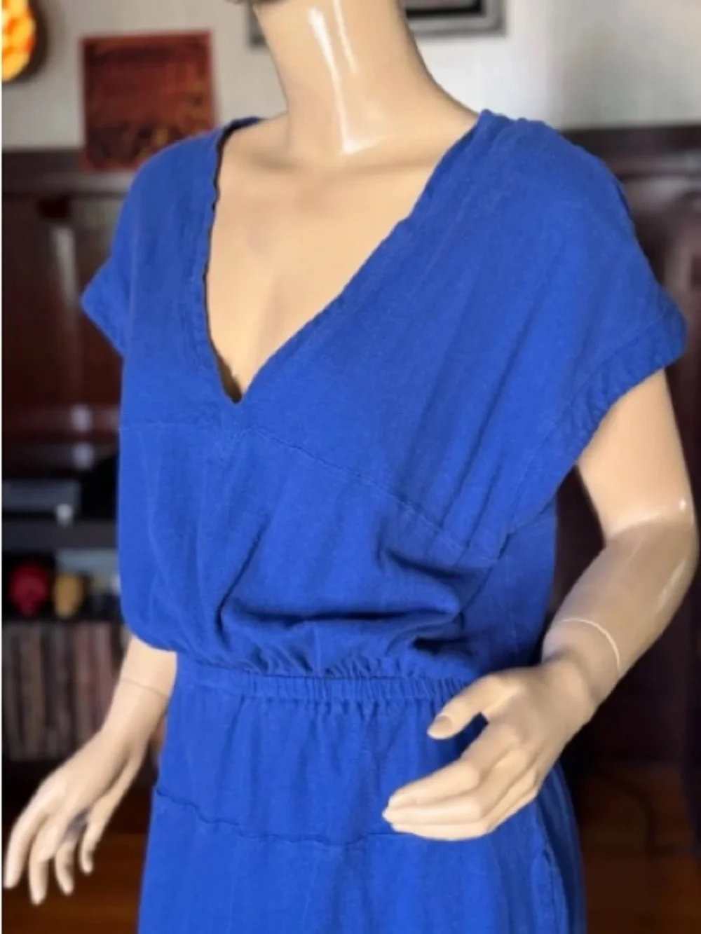 Blue V-Neck Casual Midi Dress